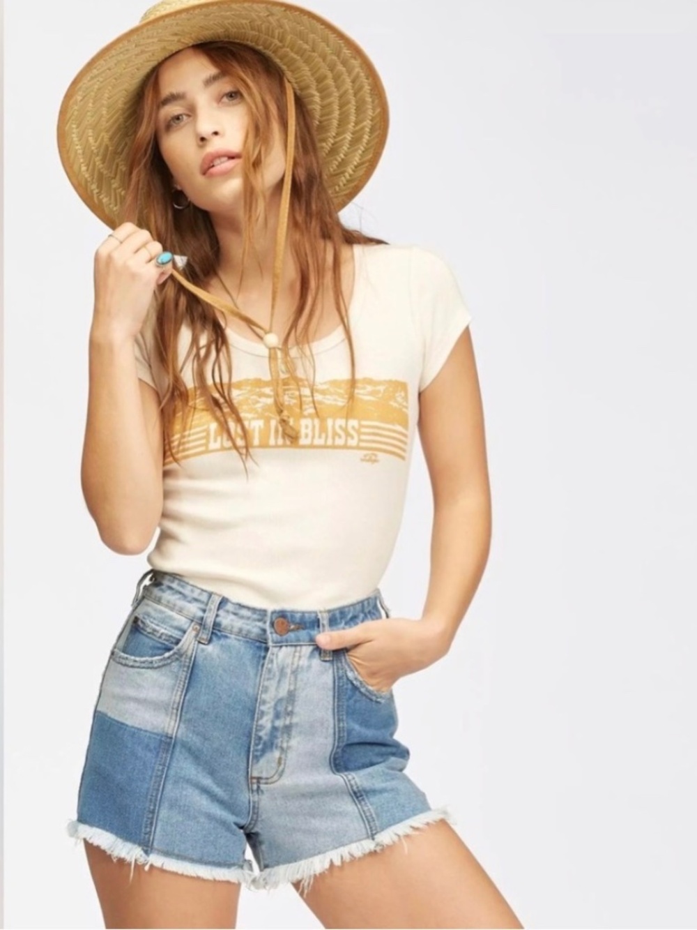 wrangler x billabong patchwork high waist denim shorts